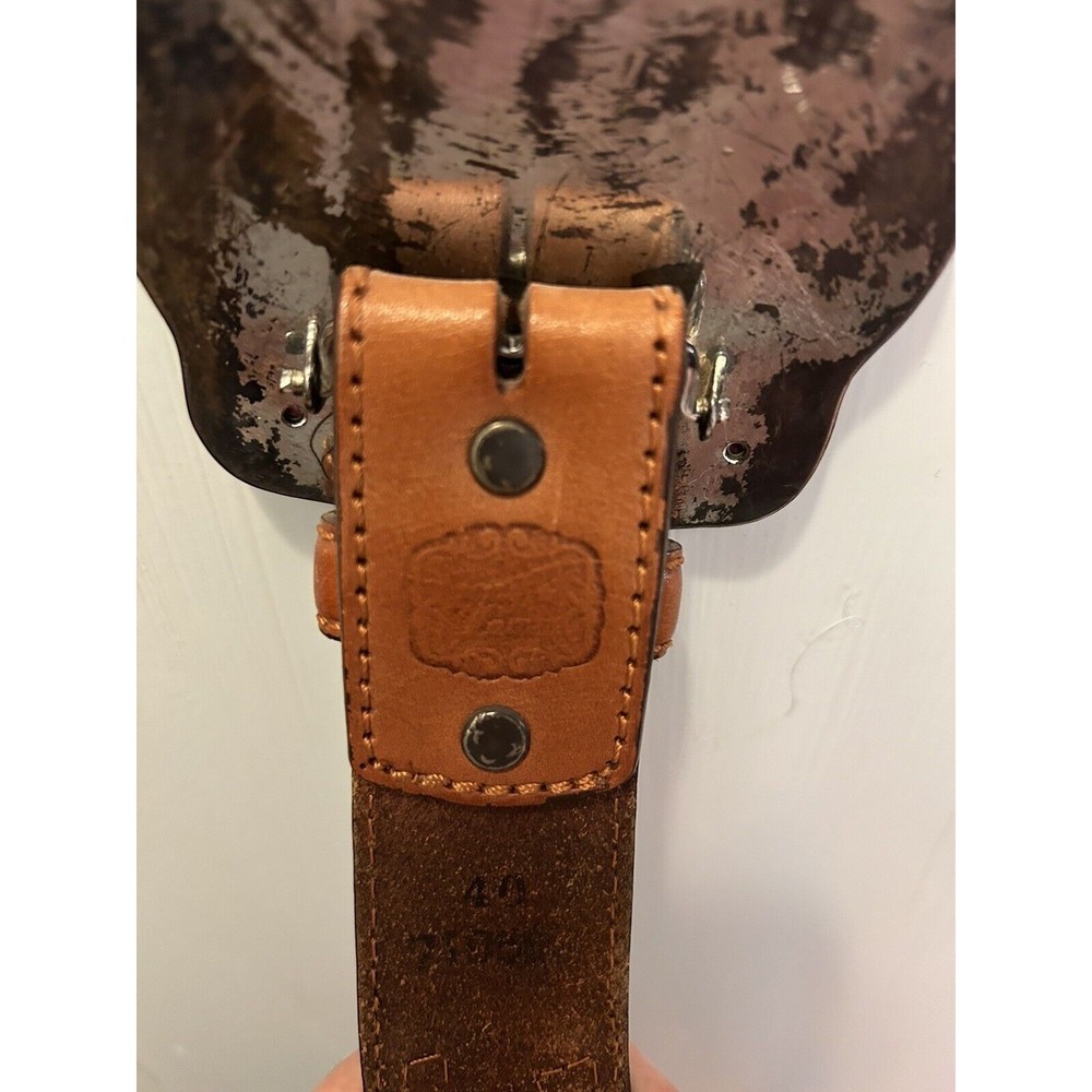 VTG Tony Lama 1 Inch Whipstitch Honey Leather Belt Champion Header Buckle Concho - Picture 6 of 8